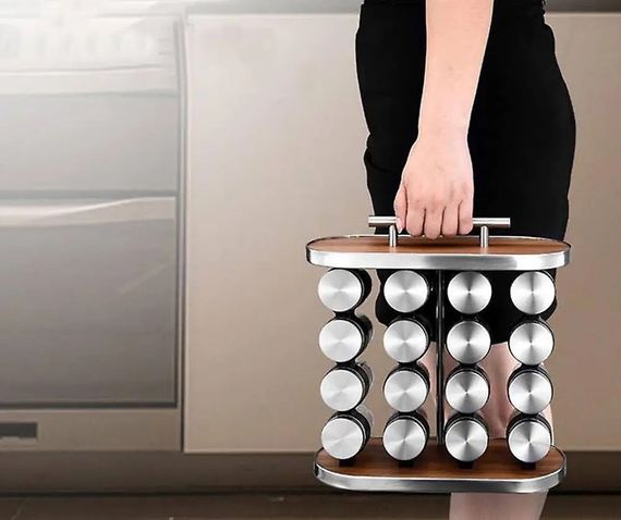Набор для специй 16 емкостей Stainless steel and wood / Карусель для специй / Органайзер для хранения специй | Зображення 3