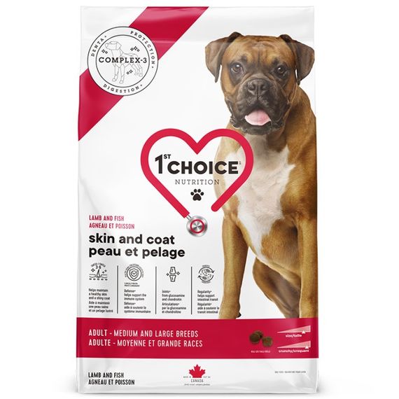 1st Choice Adult Skin and Coat сухой корм с ягненком и рыбой для собак средних и крупных пород, 11 кг