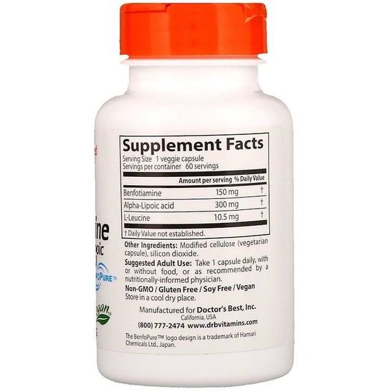 Тіамін Doctor's Best Benfotiamine 150 + Alpha-Lipoic Acid 300 60 Veg Caps | Зображення 1