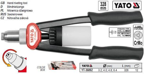 Заклепочник двухручный YATO Польша поворотная головка Ø=3,2/4,0/4,8/6,4 l=328 мм YT-36092