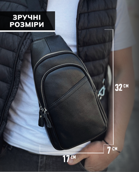 Сумка-слінг чоловіча чорна через плече з натуральної шкіри TIDING BAG A25F-515-1A | Зображення 3