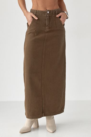 Котонова довга спідниця з розрізом - коричневий цвет, XL (є розміри)
