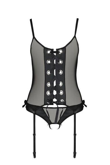 Корсет зі шнурівкою Passion NESSY CORSET S/M black, стрінги з відкритим доступом, пажі для панчіх | Зображення 2