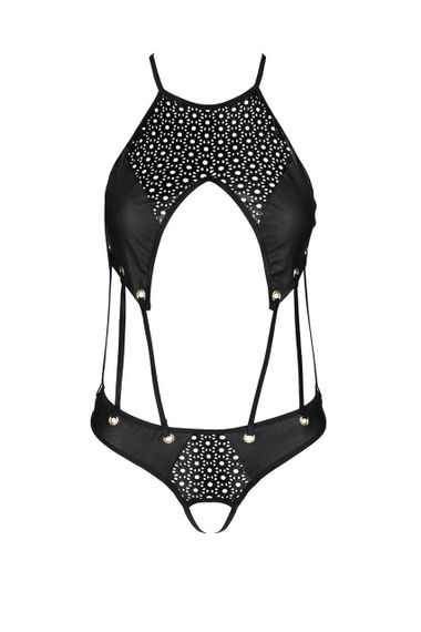 Боді з відкритим доступом Passion TASMINA BODY L/XL black, екошкіра, шнурівки, ажурні мережива | Зображення 2