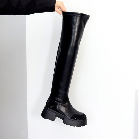 Ультра модні чорні чоботи стрейч ботфорти на тракторній підошві | Зображення 1