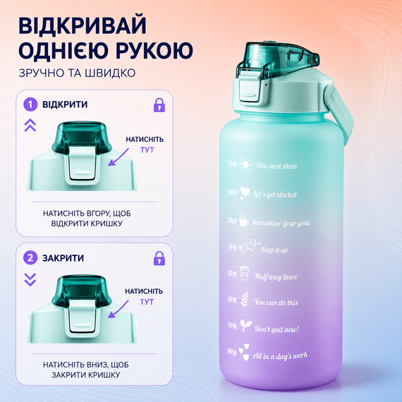 Спортивная бутылка для воды 2000 мл (2 л) с ремешком и шкалой, градиент бирюзовый матовый | Зображення 8
