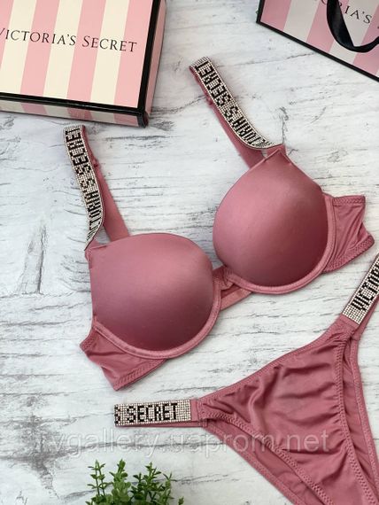 Темно-розовый комплект женского нижнего белья Victoria`s Secret со стразами, Комплект со стразами 75В(34В)-трусики М | Зображення 2