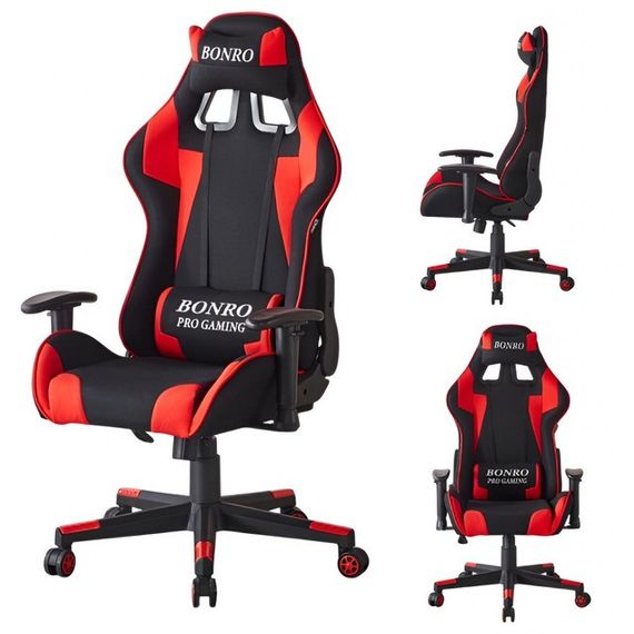 Крісло геймерське з тканини Bonro Бонро B-142 чорно-червоне + 2 подушки (42401116)