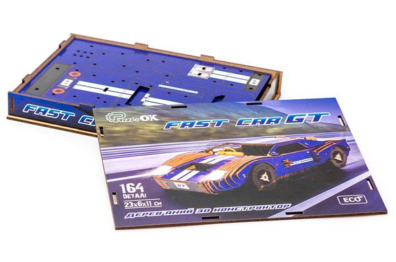 Конструктор Puz-26915"Fast Car GT" дерев'яний, 164 дет., синій, розмір моделі 23х6х11 см PuzzleOk | Зображення 2