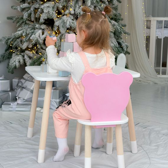 Прямокутний стіл і стільчик рожевий  дитячий ведмежа з білим сидінням. Столик білий дитячий | Зображення 1