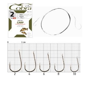 Крючки рыболовные с поводком Cobra Кобра CARP 70cm, 0,20mm, разм.4, 10 шт в упаковке.