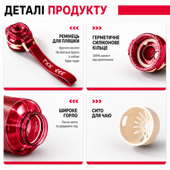 Спортивная бутылка для воды TKK 1500 мл (1.5 л): ударопрочный Tritan BPA-free, Красная | Зображення 3