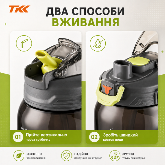 Бутылка для воды TKK спортивная 2000 мл с соломинкой, ручкой и ремешком, герметичная пластиковая. Серая | Зображення 3