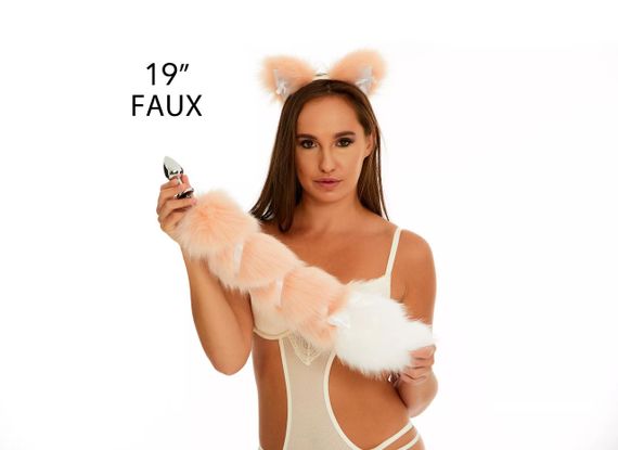 Анальний хвіст зі стрічкою без пробки, Персиковий з білим кінчиком, OKOVA 50 см. sexstyle