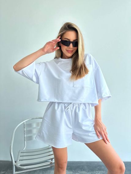 Женский летний костюм шорты и футболка оверсайз LU201 цвет белый, размер onesize S-XL