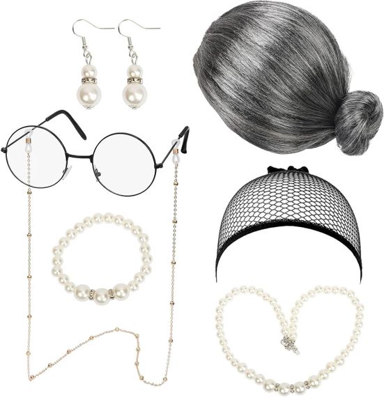 Перука бабусі сива з гулькою, комплект для образу старої леді з окулярами, намистом, сережками для виступів, косплею, Хелловіну