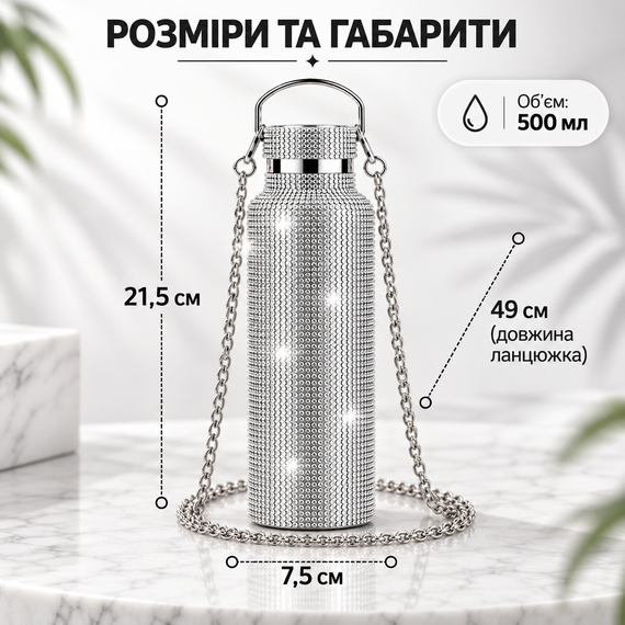 Термопляшка 500 мл зі стразами та ланцюжком, нержавіюча сталь, Срібляста у подарунковій коробці | Зображення 1