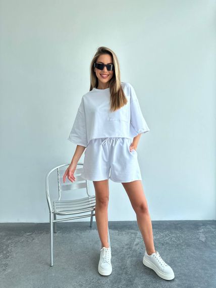 Женский летний костюм шорты и футболка оверсайз LU201 цвет белый, размер onesize S-XL | Зображення 1