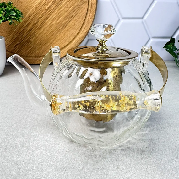 Стильный стеклянный чайник Masala GK-5812 1 л с золотистыми элементами и удобным заварочным фільтром Прозрачный | Зображення 4