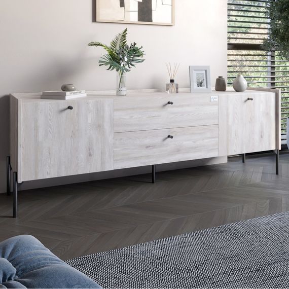 Тумба під телевізор з шухлядами LION Wood з чорними ніжками 180х50х40 см Самоа Димчастий (LION-043134)