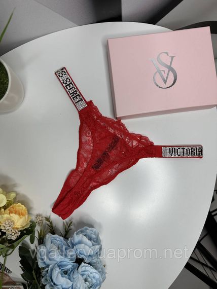 Женские кружевные стринги Victoria`s Secret со стразами, бикини стринги Виктория Сикрет XL, Красный | Зображення 1