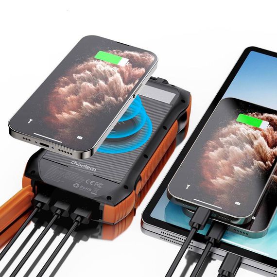 УМБ Choetech Wireless 20000mAh 20W PD,QC3.0 3USB-A,solar panel, Qi-5W Black-Orange | Зображення 5