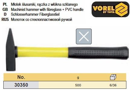 Молоток слесарный Польша ручка стеклопластик TUV/GS 500г VOREL-30350
