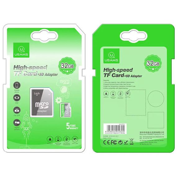 Карта пам'яті Usams US-ZB118 (TF High Speed Card) microSDHC Class 10 - 32GB (з адаптером) Green | Зображення 1