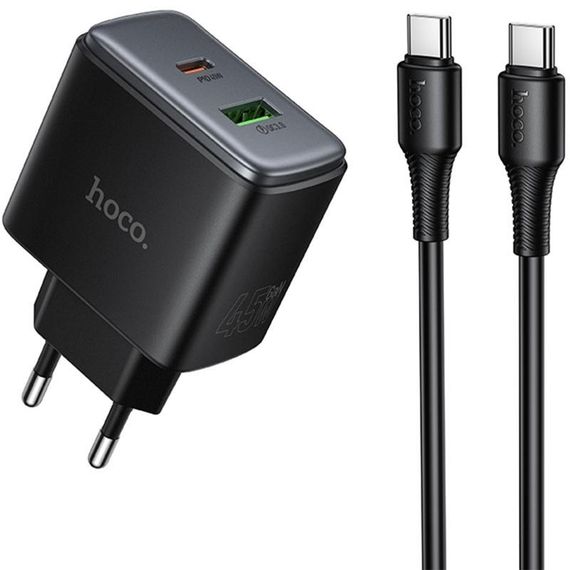 СЗУ Hoco C158A Upgrade PD45W (1USB-A/1C) + кабель Type-C to Type-C Black