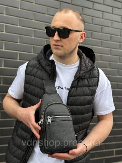 Чоловіча сумка-бананка через плече 18х32х7, рюкзак унісекс на груди з натуральної шкіри TIDING BAG 3280 чорний | Зображення 6