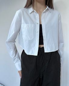 Женская коттоновая блуза-рубашка укороченная на пуговицах, SSH676, цвет белый, размер единый 42/46