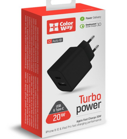 Зарядний пристрій мережевий USB/Type-C 3,0A QC+PD 20W чорний V2 ColorWay CW-CHS025QPD-BK