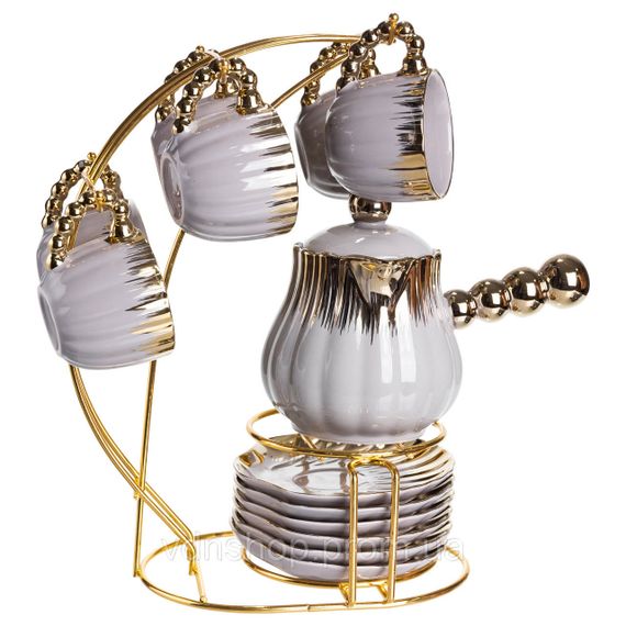 Кавовий сервіз на підставці з туркою 450 (мл) 6 чашок по 90 (мл) подарунковий набір чашок на підставці Сірий із золотом FM-JJ-4 | Зображення 2