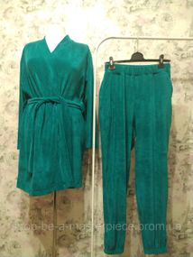 Женский Велюровый домашний комплект двойка халат штаны мятный бархатный костюм пижама 42