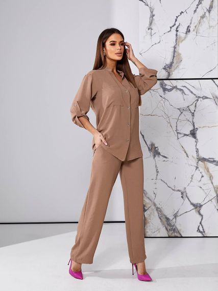 Женский легкий костюм рубашка и свободные брюки креп-жатка, UH378 размер 42, цвет капучино | Зображення 5