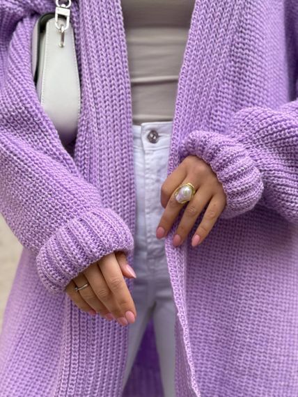 Женский вязаный теплый кардиган оверсайз цвет сиреневый размер onesize 44-54   ML5009 | Зображення 3