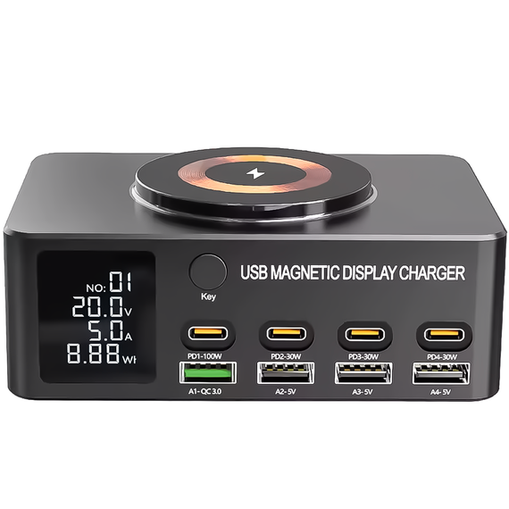 Многопортовое зарядное устройство с беспроводной зарядкой Addap MCS-818D+ | зарядная док-станция на 4 разъема Type-C PD + 4 разъема USB QC3.0, 140W | Зображення 2