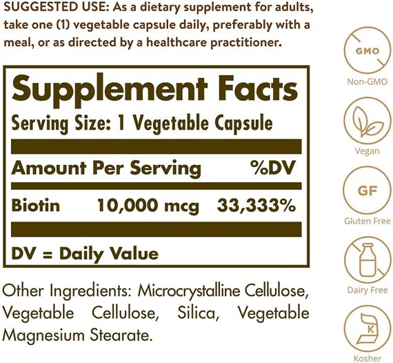 Біотин Solgar Biotin Super High Potency 10000 mcg 120 Veg Caps SOL-52392 | Зображення 1