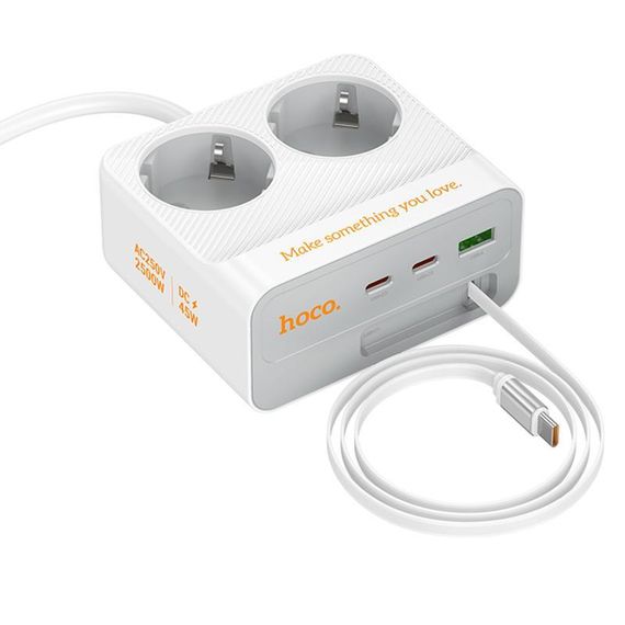 Удлинитель Hoco AC28 Descanso (PD45W/1C/3A/2xSocket) (2m) White | Зображення 2