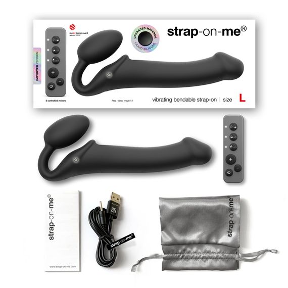 Безремінний страпон з вібрацією Strap-On-Me Vibrating Black L, діаметр 3,7см, пульт ДК, регульований | Зображення 4