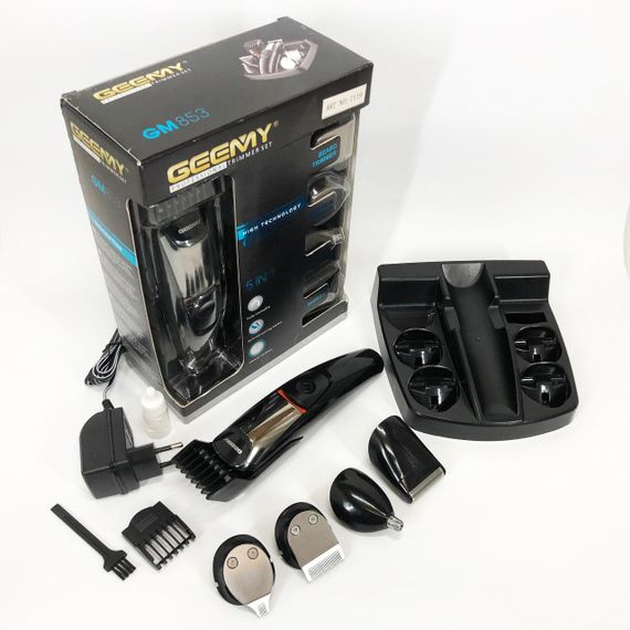Машинка для стрижки 5в1 Geemy GM-853 стайлер, бритва, триммер на аккумуляторе нержавеющая сталь 6 насадок | Зображення 3
