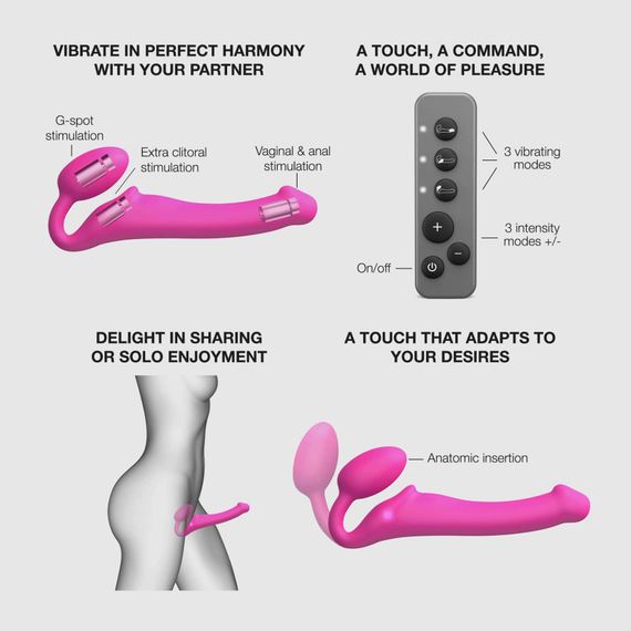 Безремінний страпон з вібрацією Strap-On-Me Vibrating Fuchsia L, діаметр 3,7см, пульт ДК, регульований | Зображення 2