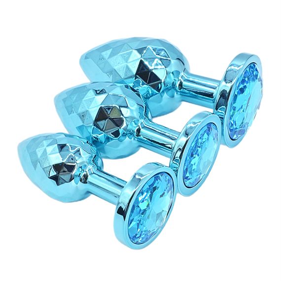 Комплект анальних пробок блакитного кольору з фасетним огранюванням (розмір S, M, L)