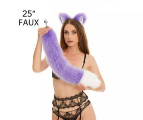 Анальний хутряний хвіст без пробки, Фіолетовий з білим кінчиком, OKOVA 60 см. sexstyle