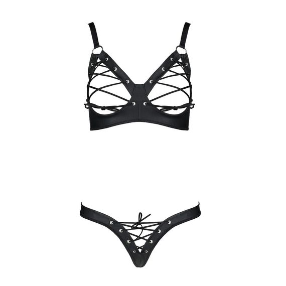 Комплект з екошкіри Passion CELINE BIKINI 6XL/7XL black, відкритий бра, стрінги зі шнурівкою | Зображення 2