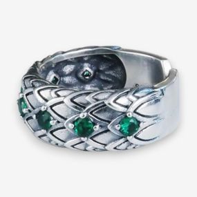 Винтажное серебристое мужское кольцо Snake Lin в виде чешуи змеи или дракона с зелёными фианитами регулируемое