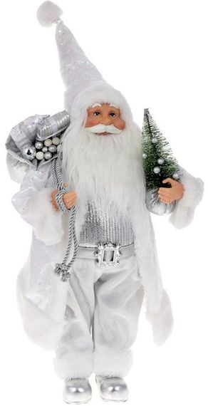 Інтерєрна новорічна фігурка Santa з подарунками з ялинкою 45см білий та срібло з паєтками