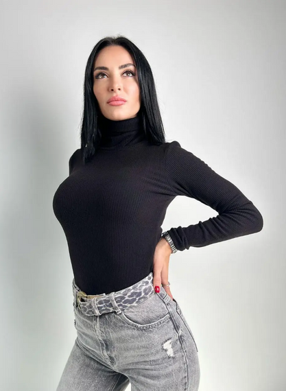 Женская теплая водолазка в рубчик на флисе GF04164 цвет черный, размер 54/56