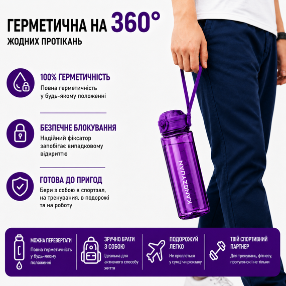 Бутылка тритановая экологическая для воды KANGZYUAN 700 мл Фиолетовый | Зображення 4