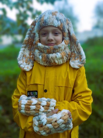 Балаклава колір 5926 плюшева з вушками зайчика + мітенки | Зображення 1